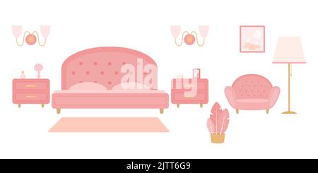 Intérieur confortable aux couleurs roses. Style dessin animé plat. Illustration vectorielle. Concept d'intérieur Illustration de Vecteur