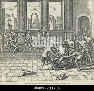 L'exécution par strangulation avec une garotte du dernier roi Inca Atahualpa par le conquistador espagnol Francisco Pizarro en 1533, gravure par Theodor de Bry Banque D'Images