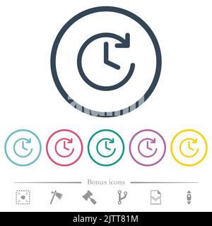 Des icônes en forme de cercle en forme de flèche vers l'avant et de forme plate de l'horloge sont représentées par des contours ronds. 6 icônes bonus incluses. Illustration de Vecteur