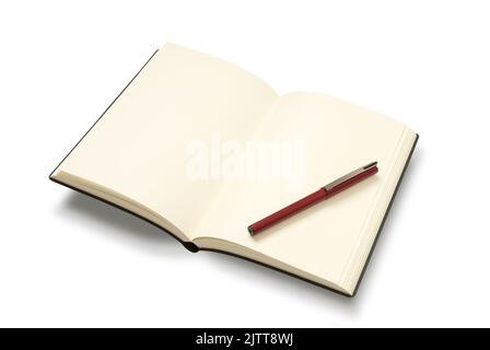 Bloc-notes et stylo ouverts. Isolé sur blanc avec découpe de chemin Banque D'Images