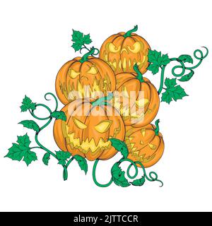 Cinq citrouilles aux visages amusants pour Halloween. Illustration de Vecteur