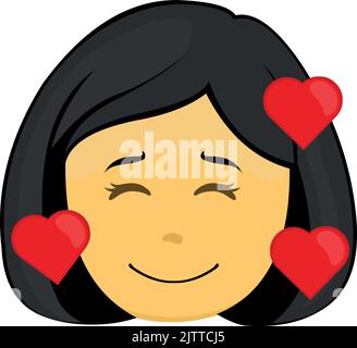 Vector emoticon illustration of the face of a yellow cartoon woman with a happy expression, in love and surrounded by hearts Stock Vector