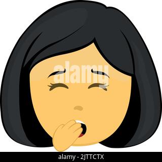 Vector illustration of the face of a yellow female emoji, yawning with her hand in her mouth Stock Vector