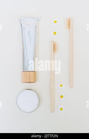 Pack de produits d'auto-soin zéro déchet - brosses à dents en bambou, kaolin en poudre de dent et dentifrice biologique à base de plantes dans tube d'aluminium sur fond clair. Banque D'Images
