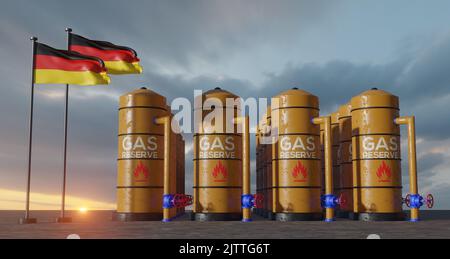 Allemagne réserve de gaz, Allemagne réservoir de stockage de gaz, réservoir de gaz naturel Allemagne avec pavillon Allemagne, sanction sur le gaz, 3D travaux et 3D image Banque D'Images