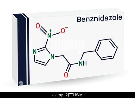 Molécule de benznidazole. Il s'agit d'un médicament antiparasite utilisé dans le traitement de la maladie de Chagas. Formule chimique du squelette. Emballage en papier pour médicaments. Vecteur Illustration de Vecteur