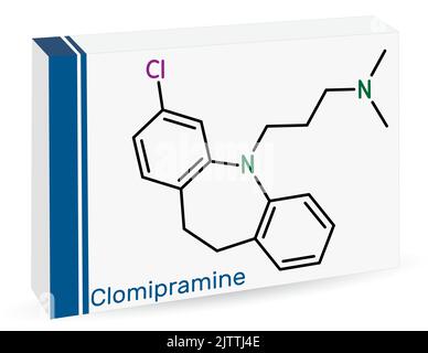Molécule de Clomipramine. Il est un antidépresseur tricyclique utilisé dans le traitement de la dépression, de la schizophrénie, du trouble de la Tourette. Formu. Chimique squelettique Illustration de Vecteur