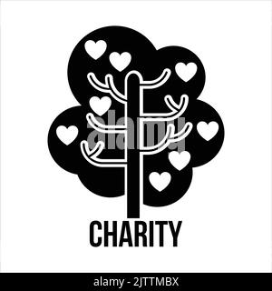 Arbre de charité coeur feuilles sur les branches vecteur icône noire - Journée mondiale de charité et de dons signes et symboles Illustration de Vecteur