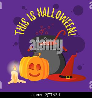 Poster d'Halloween Vector Happy, chapeau de sorcière, pot, citrouille et bougie. Collection de dessins animés avec décorations de vacances. Carte de voeux amusante pour Halloween. Illustration de Vecteur