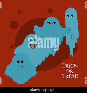 Joyeux Halloween, fantôme, fantômes bleu effrayant. Adorable personnage sinistre de dessin animé. Visage souriant, mains. Fond rouge carte de vœux. Illustration de Vecteur