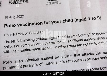 Londres 2022 lettre de vaccination contre la polio Banque D'Images