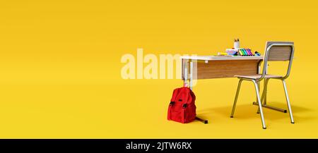 Bureau d'école moderne avec accessoires d'école et sac à dos rouge sur fond jaune miel, apprentissage et faire le devoir concept, 3D Rendering, 3D Illustra Banque D'Images