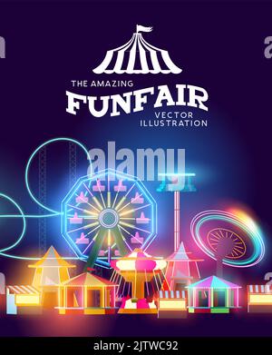 Parc d'expositions et parc d'attractions avec manèges et attractions. Illustration vectorielle Illustration de Vecteur