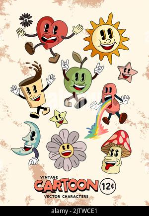 Une collection de personnages de dessin animé joyeux de style rétro souriant. Illustration vectorielle Illustration de Vecteur