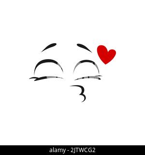 Bande dessinée visage envoyer air baiser vecteur emoji embrassant souffle coeur rouge. Tomber dans l'amour drôle d'expression faciale, sentiments positifs, caractère mignon isolé sur fond blanc Illustration de Vecteur