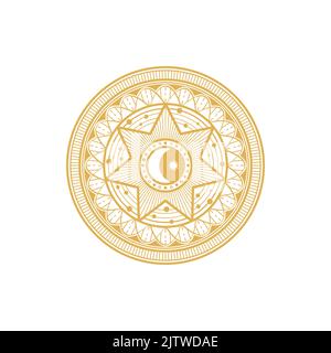 Rond ethnique amulette magique symbole astrologie isolé cercle d'or. Talisman de tarot vectoriel avec lune et étoile, soleil et ornement ethnique. Mason ou freemas Illustration de Vecteur