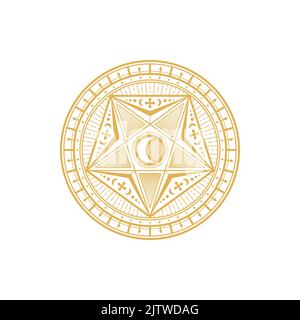 Symbole magique sacré avec la lune et le soleil, symbole magique alchimie isolé de mandala. Symbole ésotérique vectoriel, cercle mystique du fréemason mason. Mandala spirituel Illustration de Vecteur