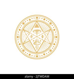 Talisman tribal, signe de tarot avec pyramide, oeil et ankh, cercle géométrique avec les ornements de l'Égypte ancienne isolé cercle d'or. Vecteur tarot talisman, et Illustration de Vecteur