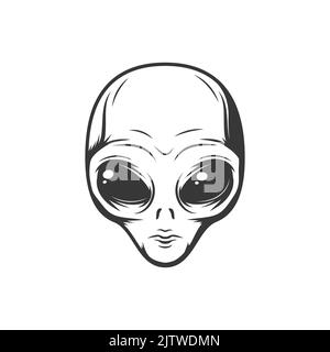 Face de l'extraterrestre extraterrestre extraterrestre isolé futuriste paranormal humanoïde icône monochrome. Vecteur personne de la vie hypothétique, caractère cosmique des civilisations. Créature de l'espace extérieur avec de grands yeux noirs Illustration de Vecteur