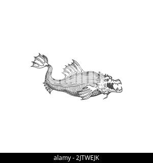 Créature en haute mer, fantastique poisson marin dangereux avec des dents pointues et des épines isolé croquis monochrome. Vecteur monstre aquatique de bête, fantasy animal sous-marin, dragon de mer animal léviathan Illustration de Vecteur