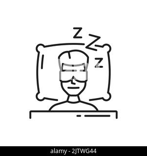 Temps de sommeil, homme dans le masque de visage dans le lit sur l'oreiller sous la couverture icône de contour isolé. Vector homme dort dans un abri pour dormir, symbole d'hôtel ou de motel. Chambre ou chambre pour dormir, trouble de l'insomnie, temps du rêve Illustration de Vecteur