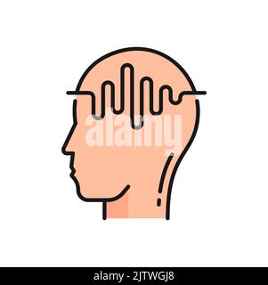 Icône d'acquisition IRM, radiologie et tomodensitométrie de la tête, imagerie par résonance magnétique vectorielle. Pictogramme linéaire de la tête de la machine à scanner IRM pour le diagnostic médical du cancer du cerveau et de l'oncologie Illustration de Vecteur