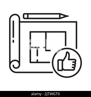 Design intérieur et architecture, plan de maison ou plan de projet d'architecte, icône de ligne vectorielle. Appartements construction et développement de bâtiments contour crayon icône pour l'architecture immobilière Illustration de Vecteur