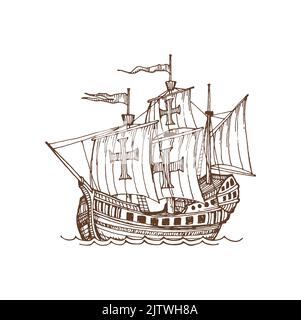 Voilier avec toile isolé vintage voilier sketch icône. Vecteur frégate brigantine, bateau de guerre en mer. Voile nautique ou navire de mer ancien Illustration de Vecteur