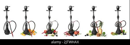 Ensemble de narguilés avec différents fruits sur fond blanc Banque D'Images