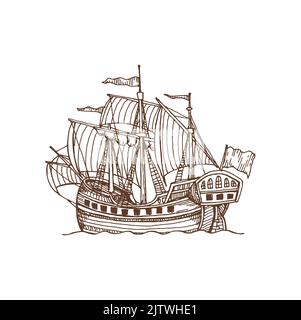 Voilier rétro avec voilier isolé en toile. Bateau marin vectoriel ou marin en mer. Voilier frégate avec toile Illustration de Vecteur