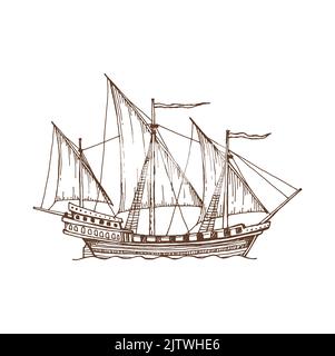 Bateau à voile avec drapeau, voilier rétro ancien navire. Galerie de Caravelle à brigantine vectorielle avec fusils de tir, galléon d'aventure. Bateau pirate avec toile, drapeaux Illustration de Vecteur