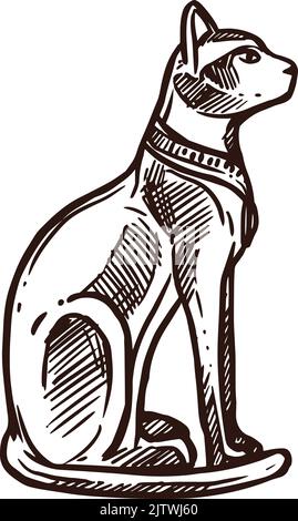 Croquis de chat, animal sacré de l'Égypte antique et dieu de la déité, icône de vecteur. L'Égypte ancienne déité sacrée des chats et symbole de Mafdet, Bastet ou de la déesse Sekhmet et Mut, croquis dessiné à la main Illustration de Vecteur