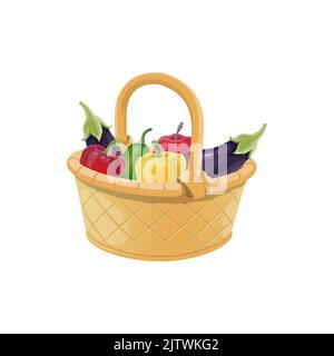 Légumes frais dans un panier en osier. Bande de dessin animé avec aubergines, poivrons et courges isolés sur fond blanc. Alimentation saine à la ferme, plantes écologiques crues Illustration de Vecteur
