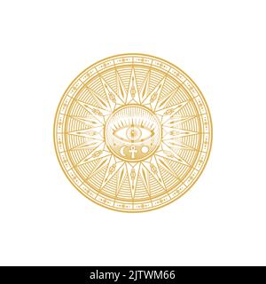 Le symbole magique de Tarot, l'œil, l'étoile et la lune, le soleil et l'ankh traversent un cercle d'or isolé de l'amulette ethnique. Symbole holistique de l'occultisme vectoriel, ornement tribal, rayons chakra, imprimé constellation d'étoiles Illustration de Vecteur