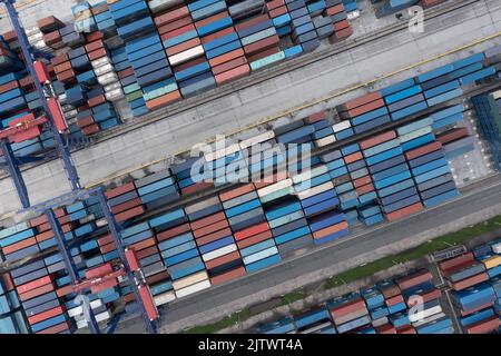 Nakhodka, Russie - 5 août 2022 : piles de conteneurs sur le terminal des conteneurs, vue de dessus. Banque D'Images