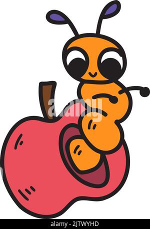 Dessin à la main mignon ver sur l'illustration de pomme sur fond transparent Banque D'Images