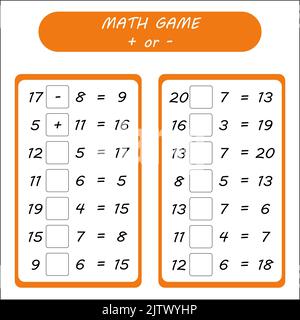 Jeu de mathématiques. Plus ou moins. Mettez en place les feuilles de travail pour les enfants d'âge préscolaire et scolaire. Banque D'Images