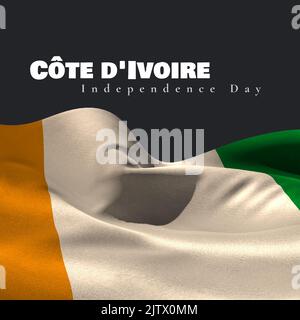 Composite numérique du texte du jour de l'indépendance de la côte d'ivoire avec drapeau national sur fond noir Banque D'Images