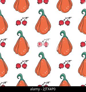 Citrouilles orange et hanches roses motif automnal sans couture. Arrière-plan avec les légumes d'automne pour Thanksgiving. Imprimé de saison coloré pour l'emballage Illustration de Vecteur