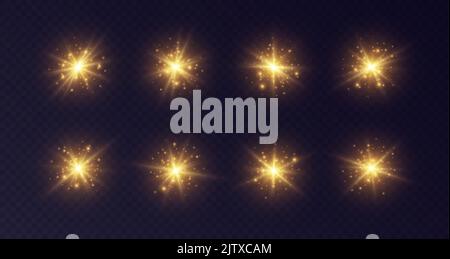 Le soleil brille avec des étoiles et des flambeaux. Golden Lens FLARE, stardust, étoile brillante avec rayons concept Illustration de Vecteur
