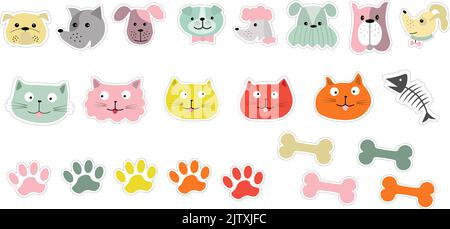 Un ensemble d'autocollants avec muzzles d'animaux - chats et chiens, pattes et os. Illustration de Vecteur