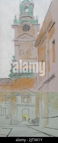 Dessin vectoriel de la rue centrale et de l'église de la vieille ville européenne, Stockholm. Illustration à main levée, pastel, crayon de couleur dessiné à la main. Illustration de Vecteur