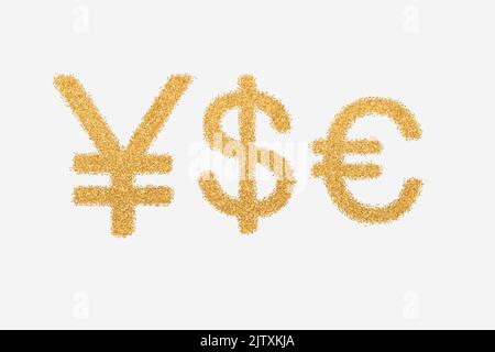 Panneaux yen, dollar et euro en paillettes dorées sur fond Uni Banque D'Images