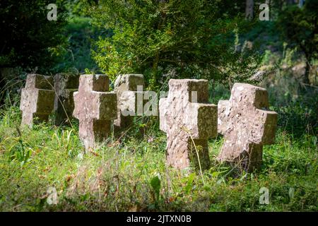 Les pierres tombales très anciennes en grès rouge surcultivées avec de l'herbe et des mauvaises herbes se trouvent en rangée Banque D'Images