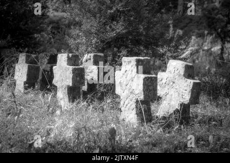 De très vieilles pierres tombales en grès rouge surcultivées avec de l'herbe et des mauvaises herbes se trouvent dans une rangée de monochrome Banque D'Images