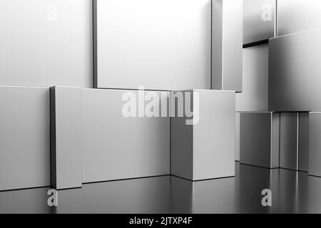 Intérieur noir blanc vide avec coins et murs métalliques vierges. Maquette. Arrière-plan futuriste contemporain avec écran sombre. Vider nettoyage futur Banque D'Images