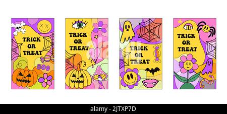 Cartes d'halloween groovy de style rétro 70s. Trick or Treat. La puissance des fleurs de monstre. Affiche effrayante colorée avec chauve-souris, citrouille, vampire. Vecteur Illustration de Vecteur