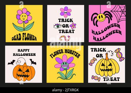 Cartes d'halloween groovy de style rétro 70s. Trick or Treat. La puissance des fleurs de monstre. Affiche effrayante colorée avec chauve-souris, citrouille, vampire. Vecteur Illustration de Vecteur