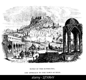 Banques de l'Euphrate, et approche de la ville de la bière (gravée par Byfield) du livre ' Travels in Mésopotamie. Y compris un voyage d'Alep, à travers l'Euphrate à Orfah [Urfa], (l'ur des Chaldees) à travers les plaines des Turcomans, ' par Buckingham, James Silk, 1786-1855 Volume 1 Date de publication 1827 Publisher London, H. Colburn Banque D'Images