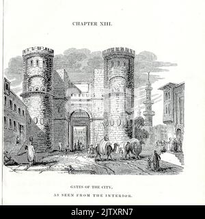 Portes de la ville, comme vu de l'intérieur (gravé en blanc) du livre ' Travels in Mésopotamie. Y compris un voyage d'Alep, à travers l'Euphrate à Orfah [Urfa], (l'ur des Chaldees) à travers les plaines des Turcomans, ' par Buckingham, James Silk, 1786-1855 Volume 2 Date de publication 1827 Publisher London, H. Colburn Banque D'Images